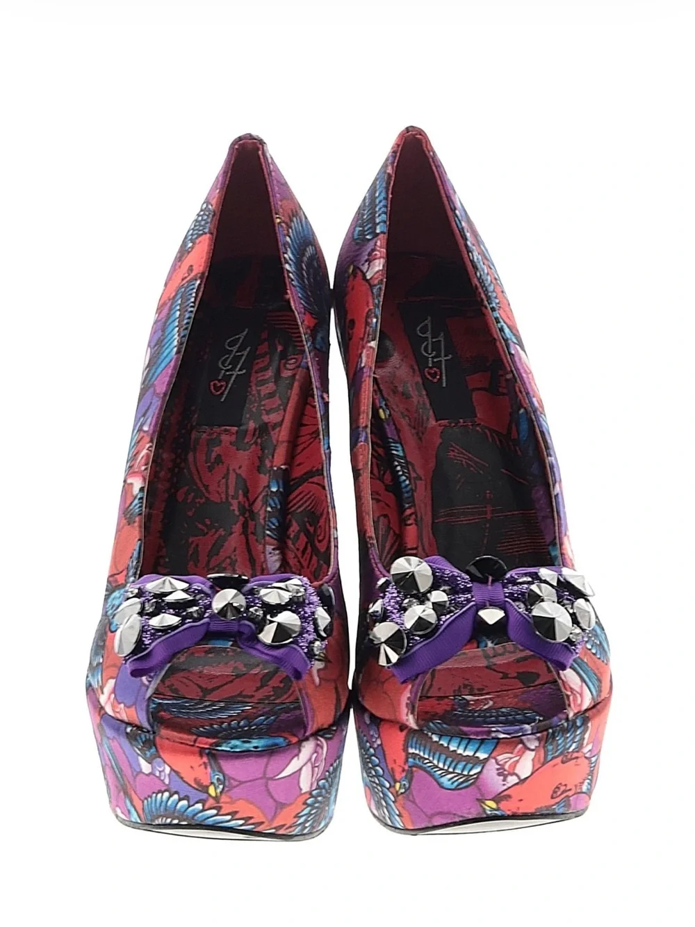 Purple Floral & Bird Print Wedge Pump with Rhinestone Accent